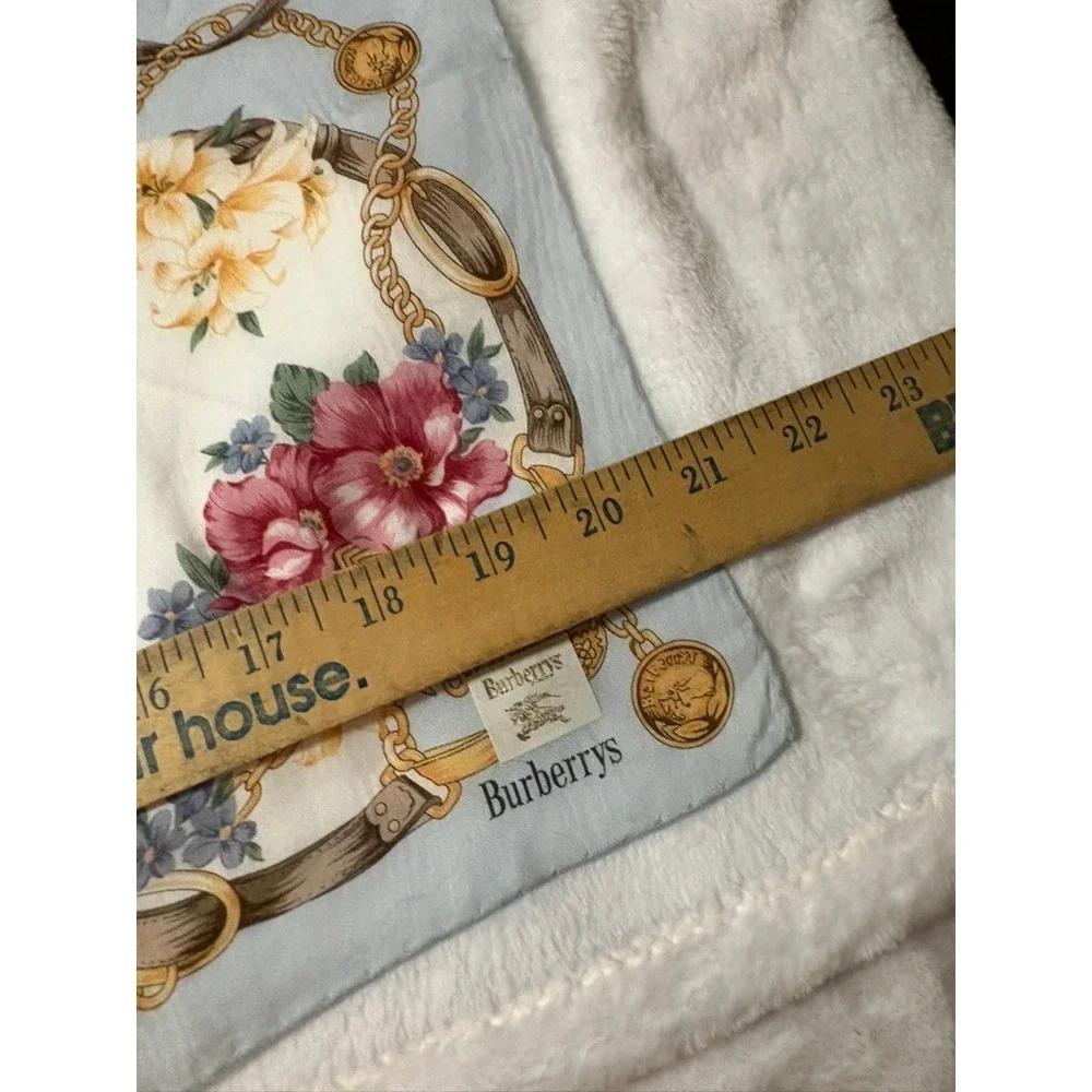 Vtg BURBERRYS Scarf Handkerchief Floral Bridle Chain Cotton Blue 21